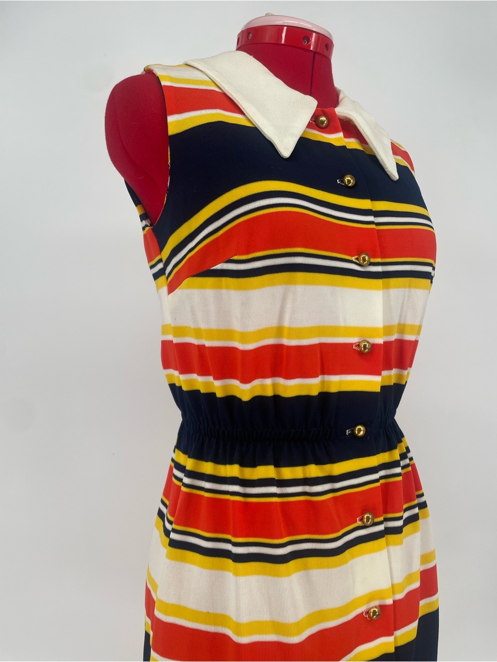 60s 70s Striped Vibrant / Primary Colors Sleeveless Collared Shirt Dress - Picture 9 of 16